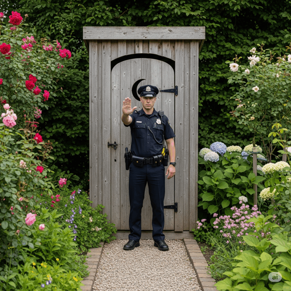 Symbolbild: Ein Polizist steht vor einem Plumpsklo im Garten und verweitert den Zutritt. KI-generiert mit Gemini.